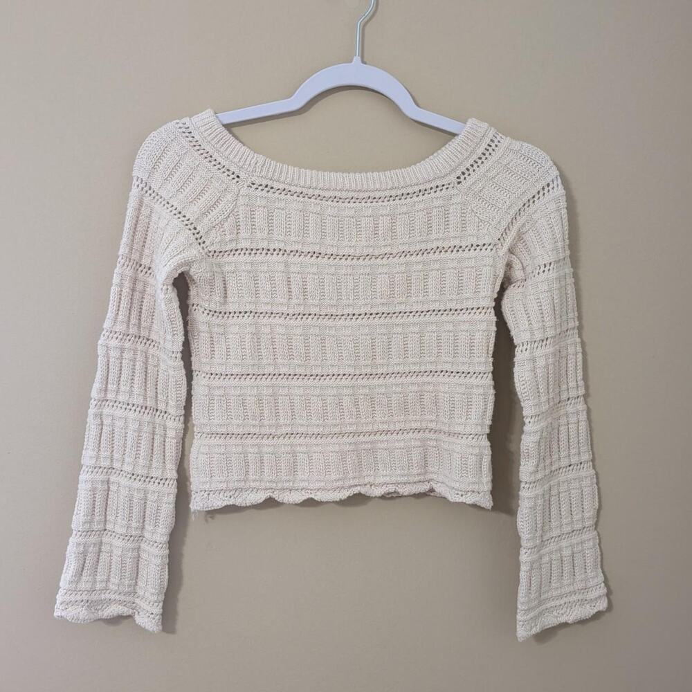 Cream Crochet Crop Knit Long Sleeve Top Vintage Style Boho Fairycore